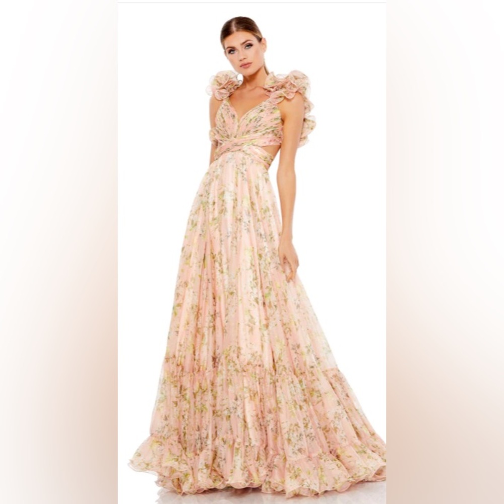 MAC DUGGAL RUFFLE TIERED FLORAL CUT-OUT CHIFFON GOWN